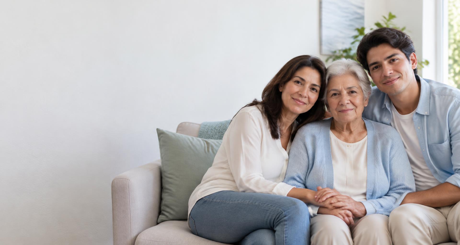 Tres generaciones de una familia compartiendo un momento en casa