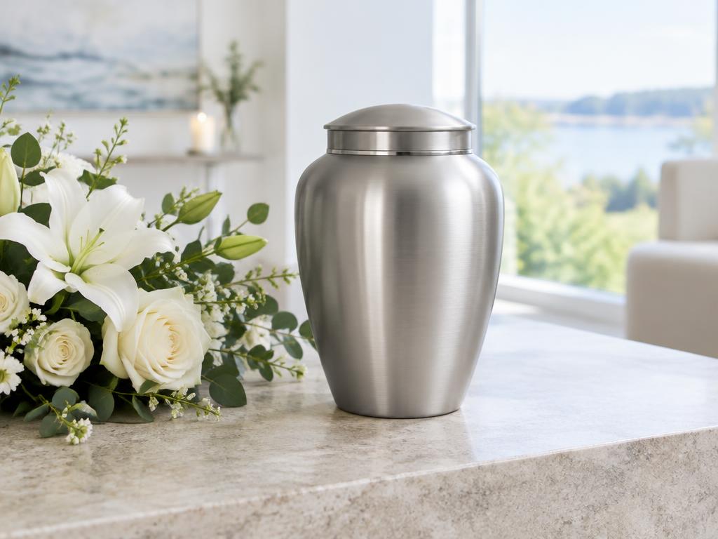 Urna conmemorativa junto a flores blancas